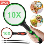 ZOUYUE 2PCS 10X Magnifying Glass, Magnifiers for Kids and Seniors with Shatterproof Lens, Non-Slip Rubber Handheld Reading Magnifier